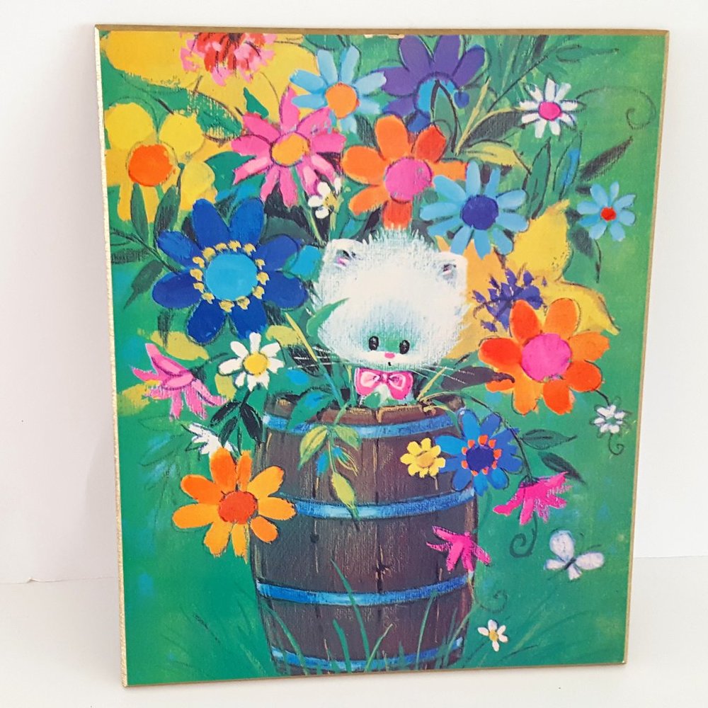 Vintage Wall Hanging Plaque Child's Room Decor Cat in Barrel of Flowers